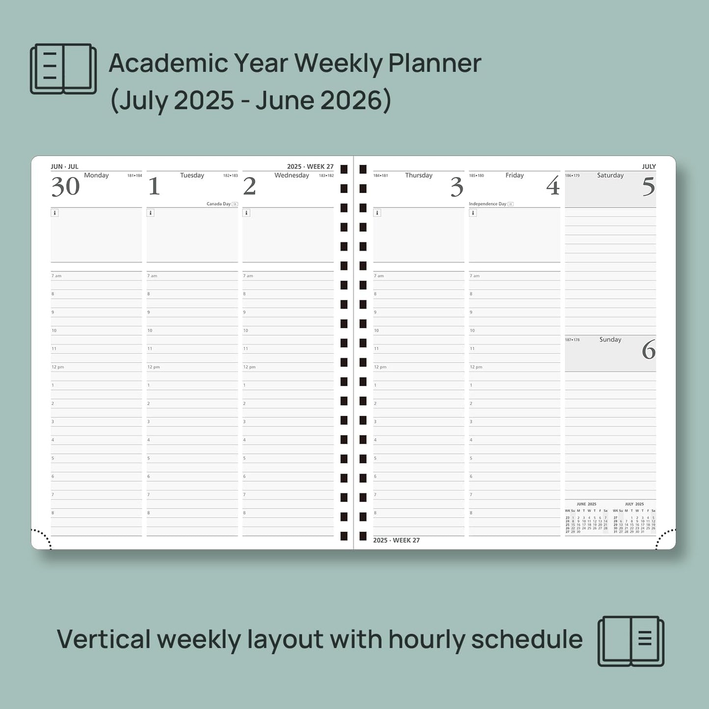 POPRUN Planner 2025-2026 (Large - 8.5'' x 10.5'') Academic Weekly Calendar (July 2025 - June 2026) with Hourly Time Slots, Monthly Tabs, 100GSM Thick Papers, Spiral Leather Cover - Grey
