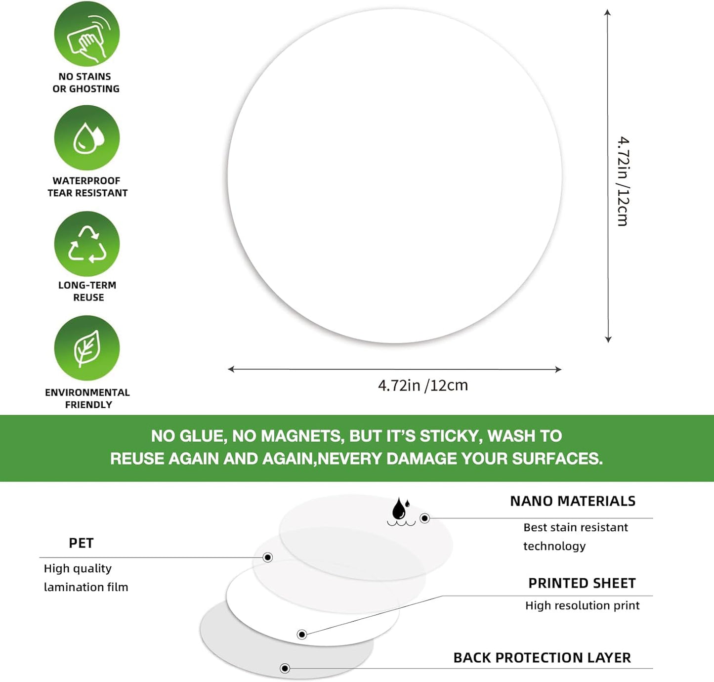 SVNOOC Multi-Use Dry Erase Labels Sticky Notes Reusable Stickers for Wall Desk Fridge Classroom Office Home and More, Message Board with 2 Markers (5" in Circle White), 12 Pack