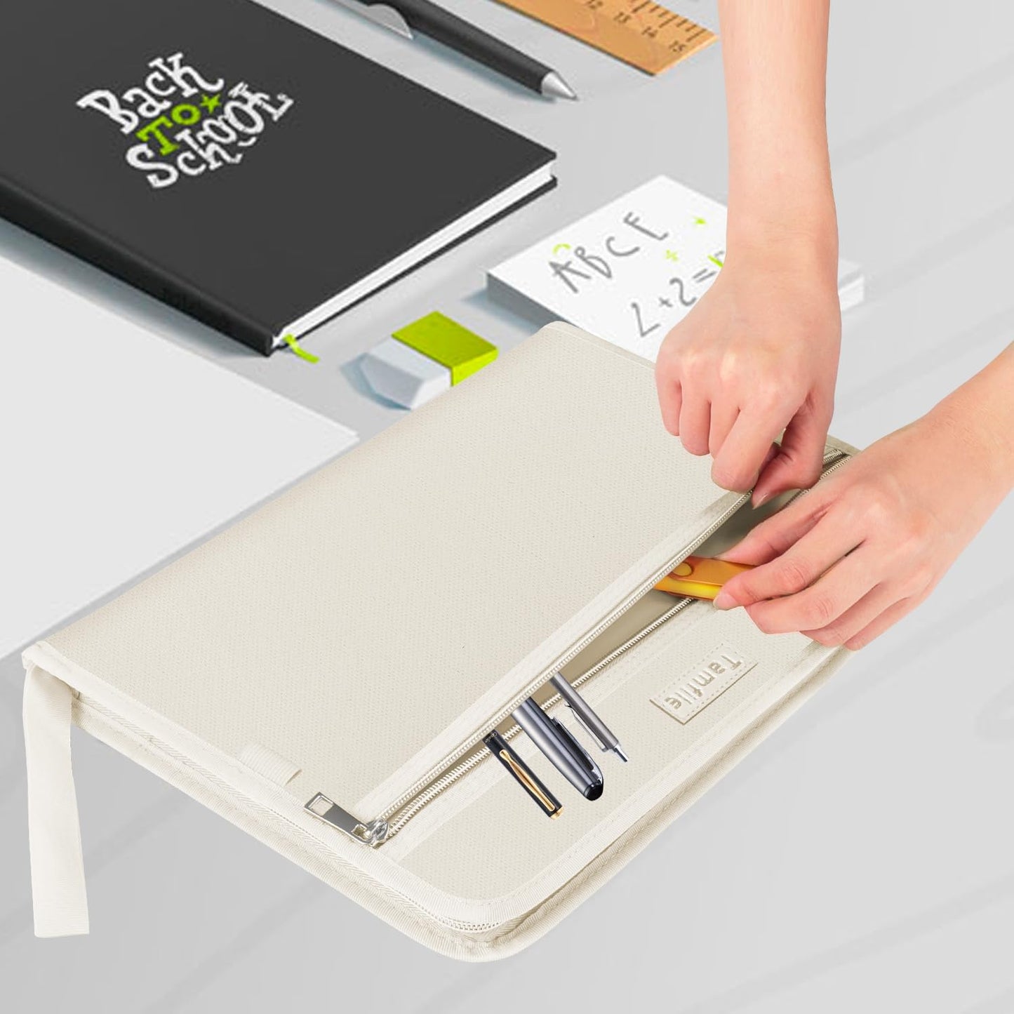 Fireproof Safe Waterproof Accordion File Bag Folder Expanding Filing Folder with 14 Multicolored Pockets, A4 Letter Size, Document Organizer Holder and Color Labels /2 Zipper (Beige 14.3" x 9.8")