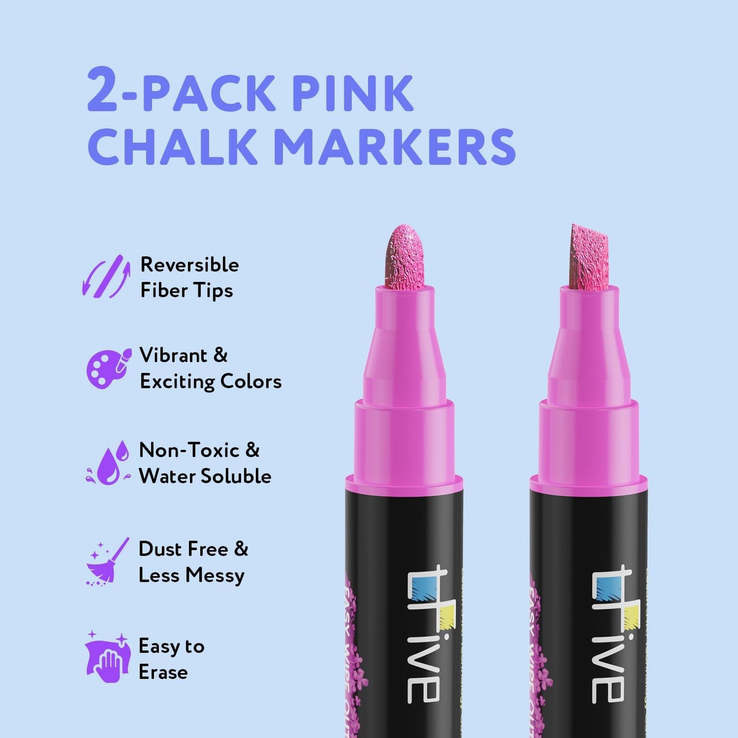 TFIVE Pink Liquid Chalk Markers - 2 Pack Bright Colors Erasable Chalk Marker Pens, Reversible Tip, Non-Toxic, for Chalkboards, Signs, Glass, Easy to use Chalk markers TF800