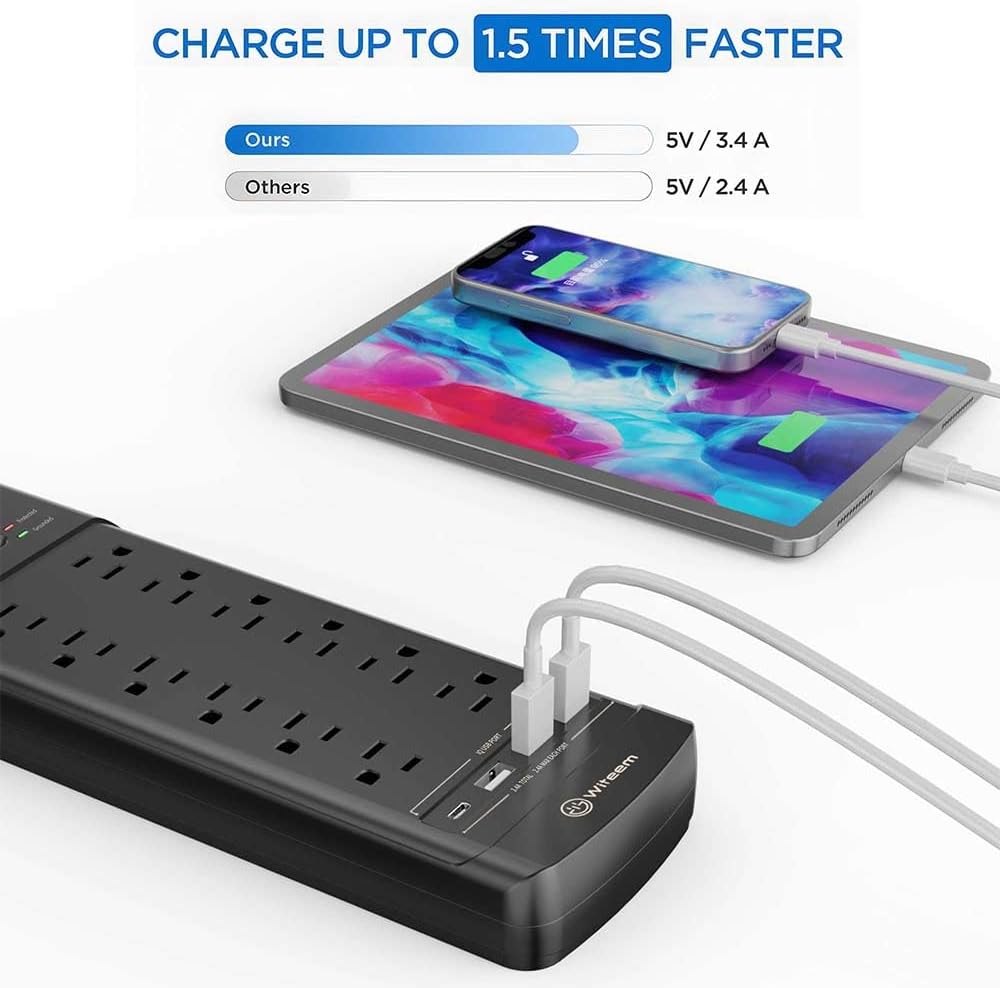 Surge Protector Power Strip - 12 Outlets,3 USB+USB-C 3.4A Ports, 6Ft Extension Cord, 1875W/15A, 4360Joules, Overload Protection - Ideal for Home & Office Use (Black-USBC)