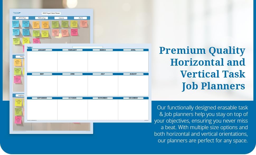 Sky Blue 12 Section Task, Objective and Goals Planning System Horizontal 18" Tall 24" Wide. Wall Tray, Dry-Erase Marker, Eraser and 600 Sticky-Notes