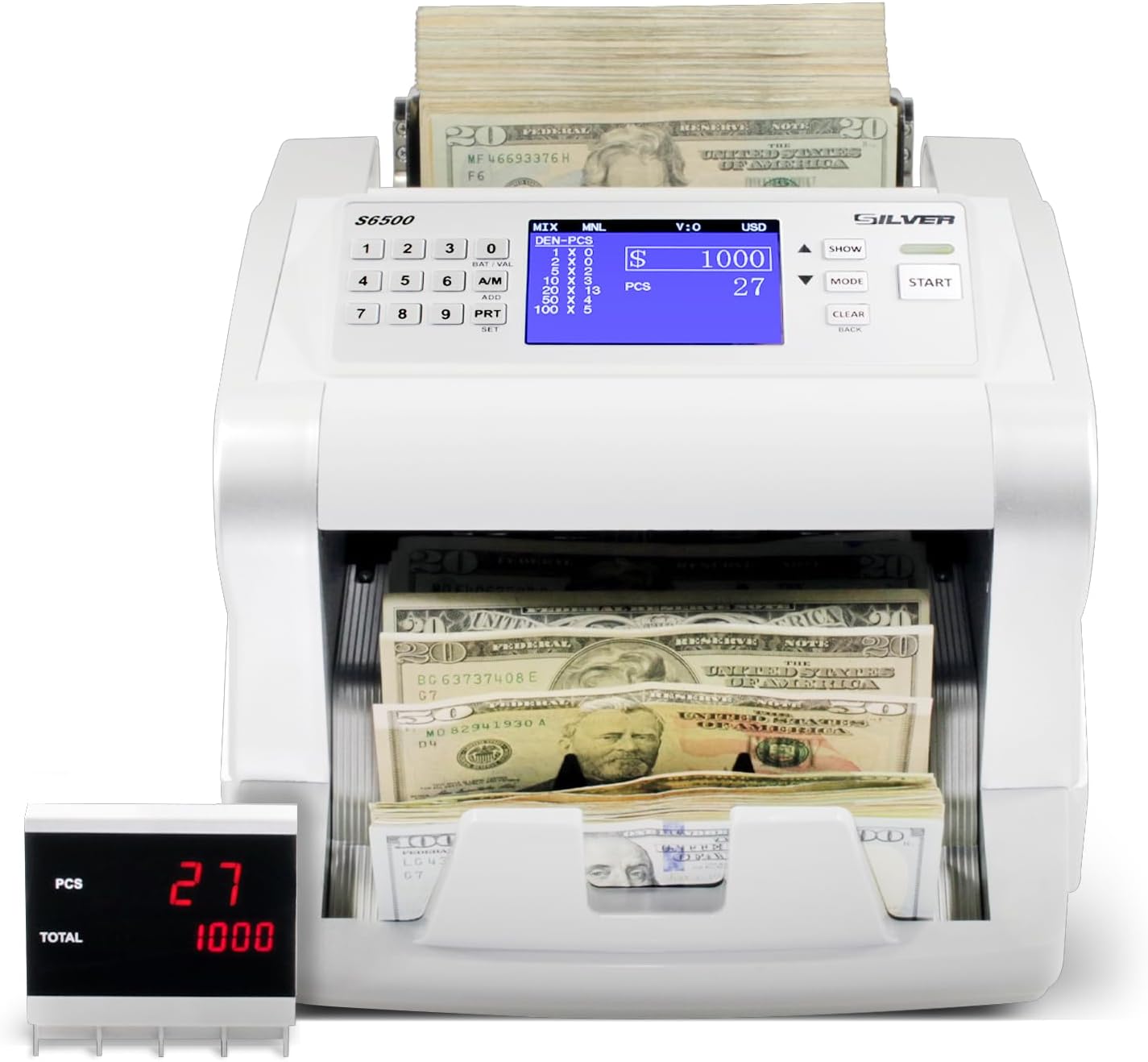 USD EUR CAD GBP MXN Money Counter Machine, Quick Mixed Denomination Bill Counter, Counterfeit Detection UV/MG/IR/DD/MT/DBL/HLF/CHN, with Printer Included, S6500