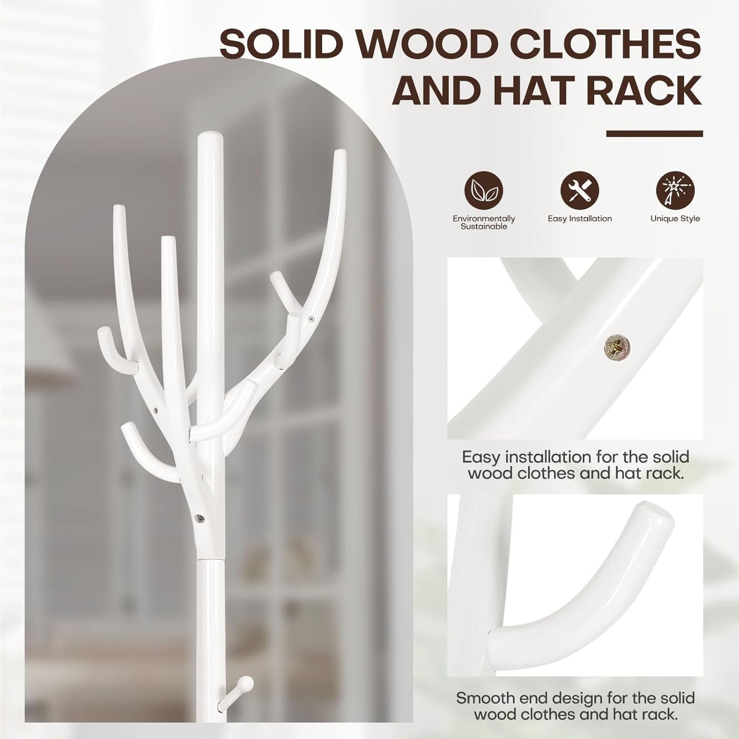 Coat Rack Freestanding, Wooden Coat Rack Stand with 16.5" Round Base, Tree Branch-look, 72" Coat Tree Standing Heavy Duty Clothes Hanger with 12 Hooks for Corner Entryway, White