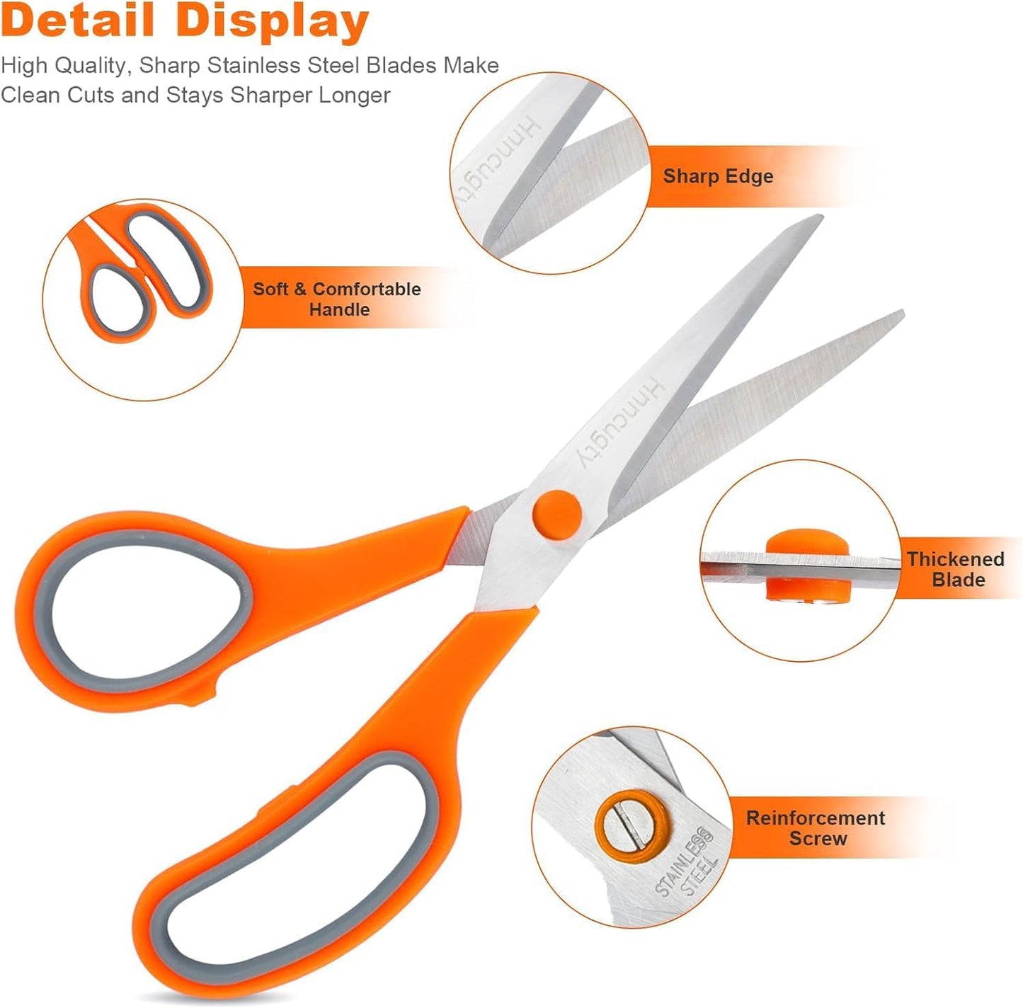 Scissors, Hnncugty 8" Scissors All Purpose Bulk Set of 18-Pack, Sharp Shears for Office Home Craft Sewing Fabric, High/Middle School Supplies Student Teacher Supplies, Comfort Grip Right/Left Handed