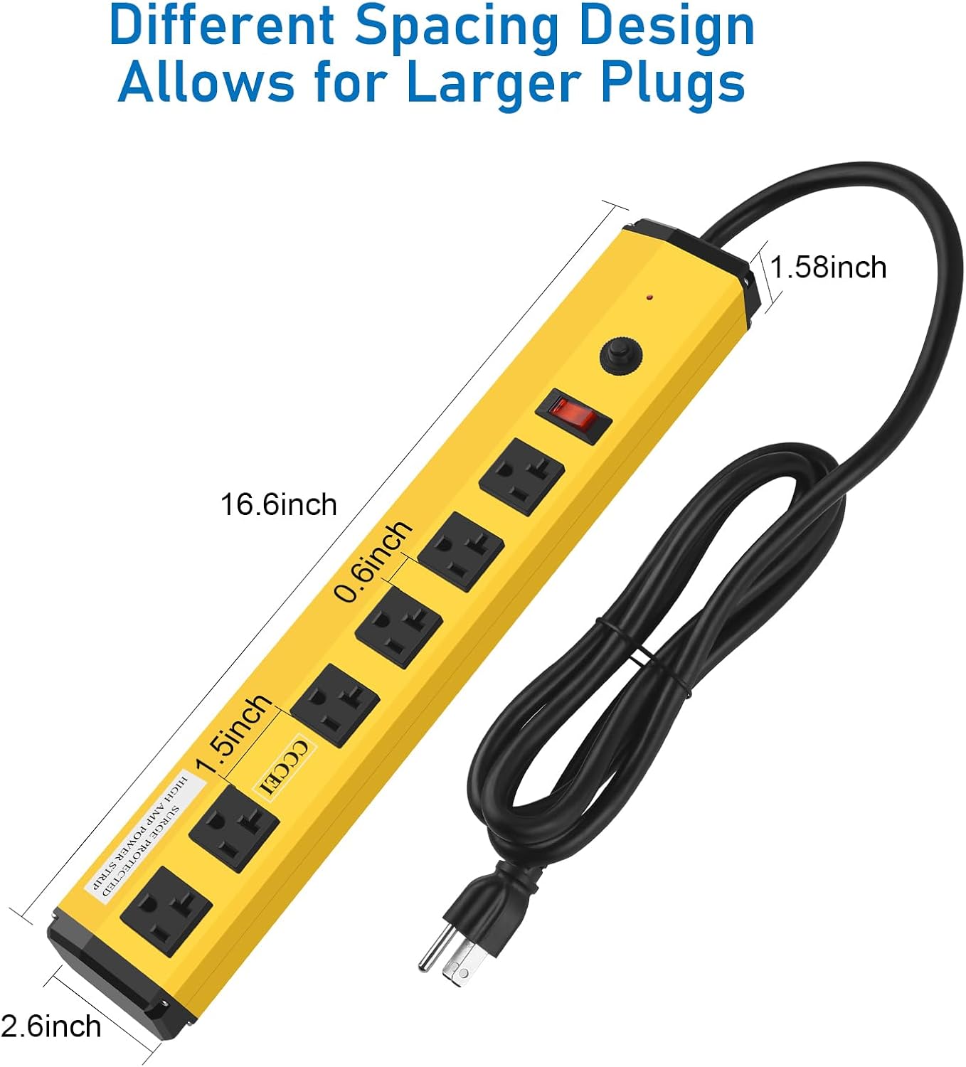 CCCEI Heavy Duty Power Strip Surge Protector 20 Amp, High Amp Industrial Shop Garage Metal Multiple Outlets, 10 FT Yellow Jacket 12 Gauge 5-15P Extension Cord 6 Outlet 6-20R T-Slot 20a for Appliance