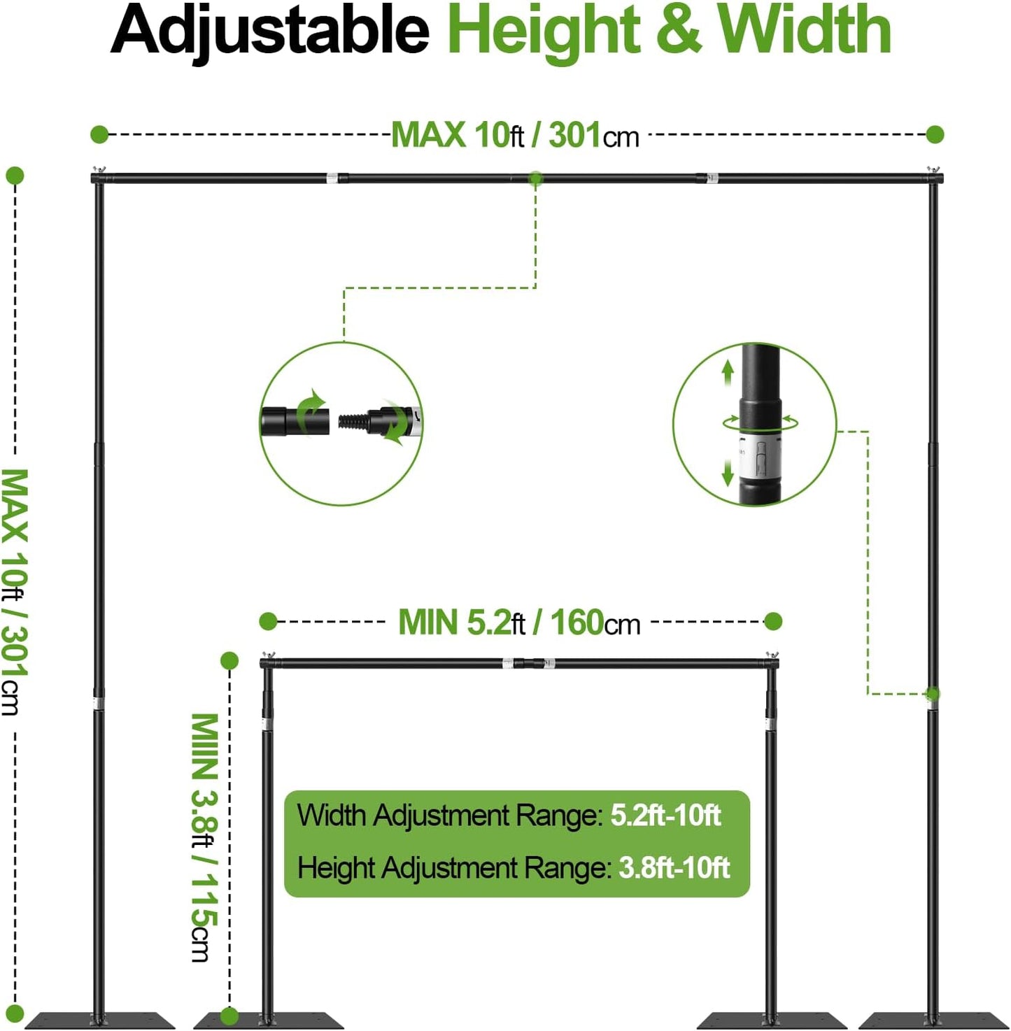 FUDESY Backdrop Stand Heavy Duty, 10x10ft Adjustable Photo Background Pipe and Drape Backdrop Stand Kit with Metal Base for Photography Parties Birthday Video Studio