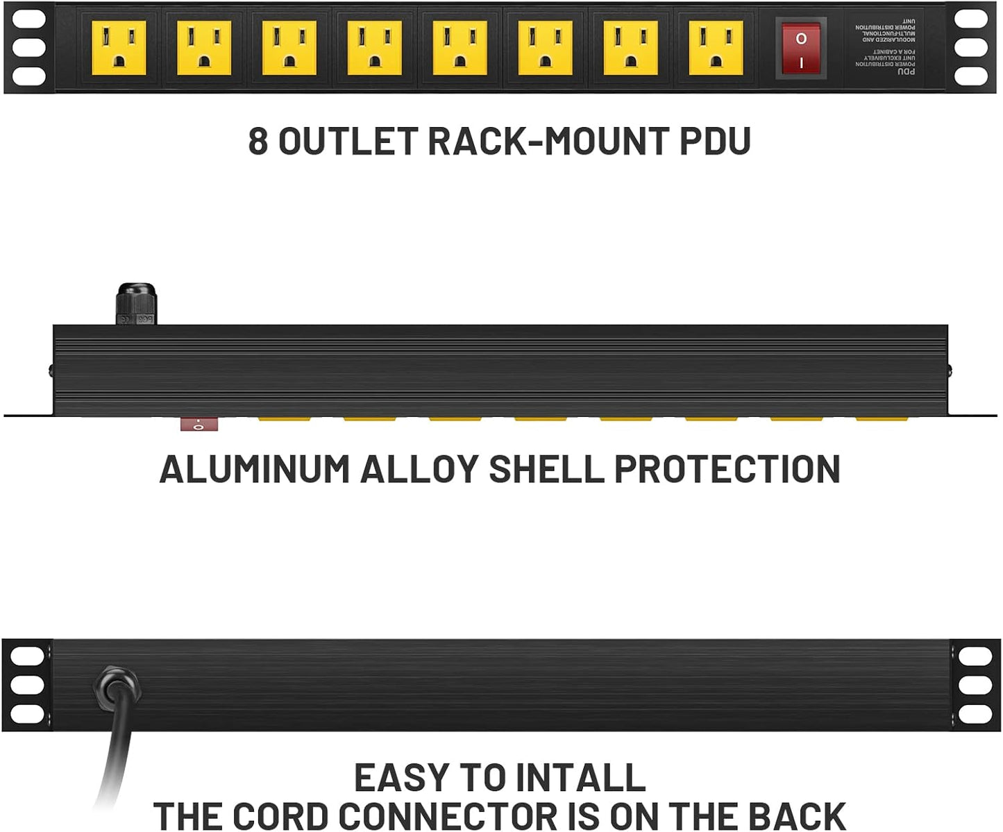 BTU Power Strip Surge Protector Rack-Mount PDU, 8 Right Angle Outlets Wide-Spaced, Mountable Power Strip Heavy Duty for Server Racks, Commercial, 300J (Yellow 6FT)
