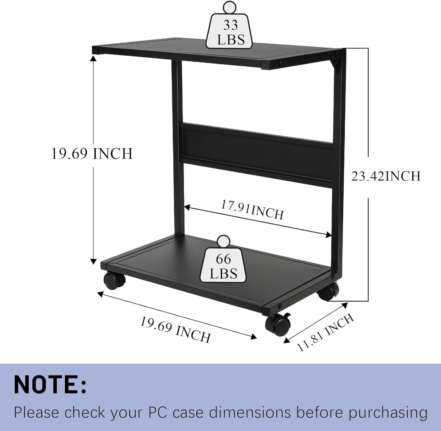 PC Stand Computer Tower Stand 2-Tier Metal CPU Holder with Locking Caster Wheels Suitable for Most PC (Black, L)