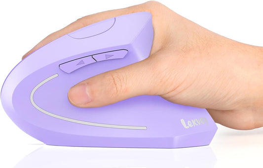 Lekvey Ergonomic Mouse, Vertical Wireless Mouse, Rechargeable 2.4G Optical Carpal Tunnel Mice with USB Receiver: 1000/1200 / 1600 DPI, 6 Buttons, for Laptop, Computer, PC, Desktop, Light Purple
