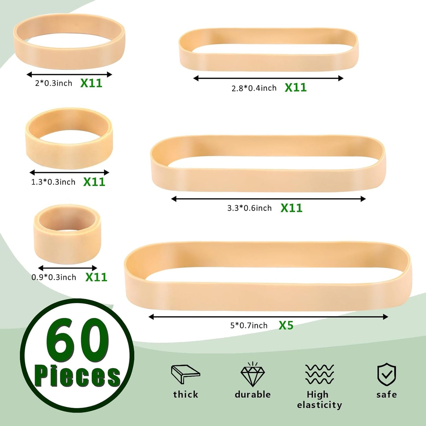 60 Mixed Count Heavy Duty Rubber Bands 6 Size Black Thick Wide Rubber Bands Assorted Size for Hiking Camping Survival Sports Supplies (Light brown)