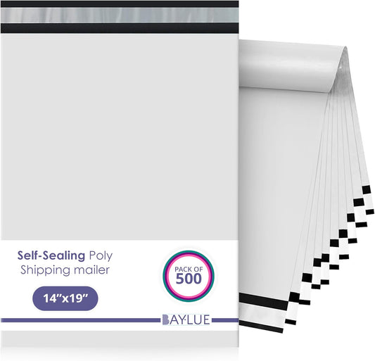 White Large Poly Mailers 14.5x19 Inch | Strong Adhesive Self-Seal Mailer Bag | Tear, Tamper, Water Resistant Shipping Envelopes | Thick Strong polymailer Bags | Clothing Shipping Bags | 500 Pcs Bulk