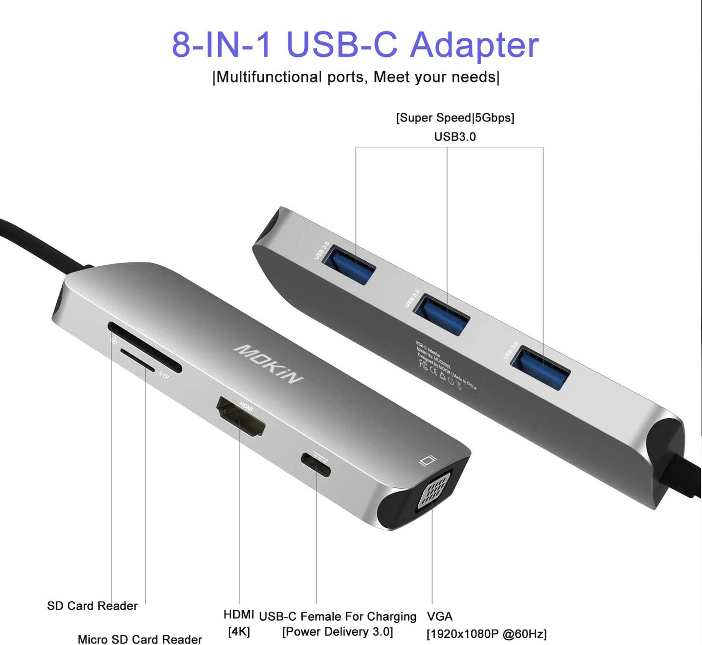 USB C Hub Multiport USB C Adapter for MacBook Pro 2023 2022 2021 2020,USB C Hub USB C to HDMI VGA SD TF Card Reader 3USB 3.0 and USB C Power Pass-Through Port