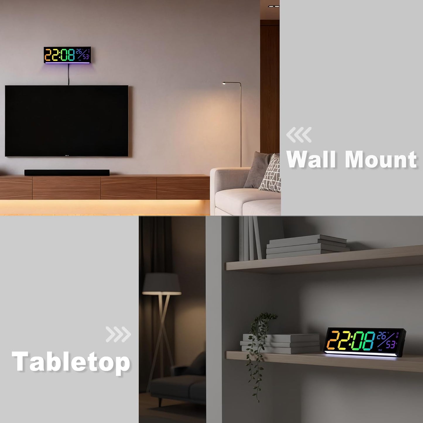 11-Inch LED Digital Wall Clock with RGB Flowing Light, Seconds, Date, Time, Temperature｜ Clear Large Numbers, Dual Alarm Settings, Remote Controlled ｜ Stylish Modern Clock for Living Room, Bedroom