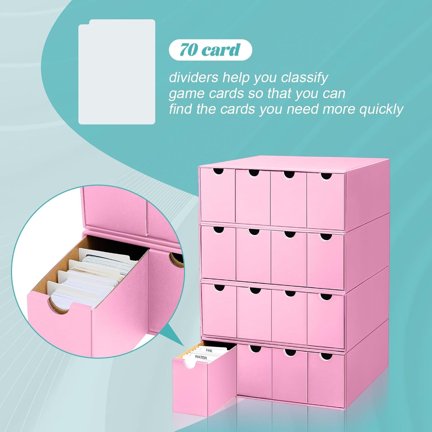 Cholemy Trading Card Storage Box 15000+ with 70 Cardboard Storage Divider, Label Sticker for Collection Compatible with TCG, Sport Cards(4 Row, 4 in A Row,Pink)