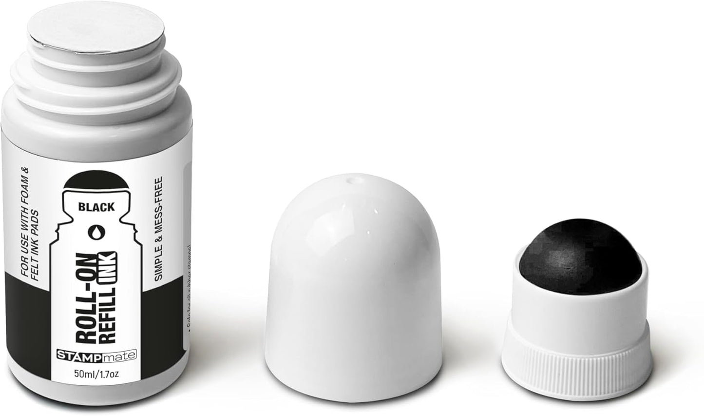 Roll-On Stamp Pad Ink Refill 50ml/1.7oz – Self Inking, Foam & Felt Pads – Easy-Use Roller Ball Applicator (Black)