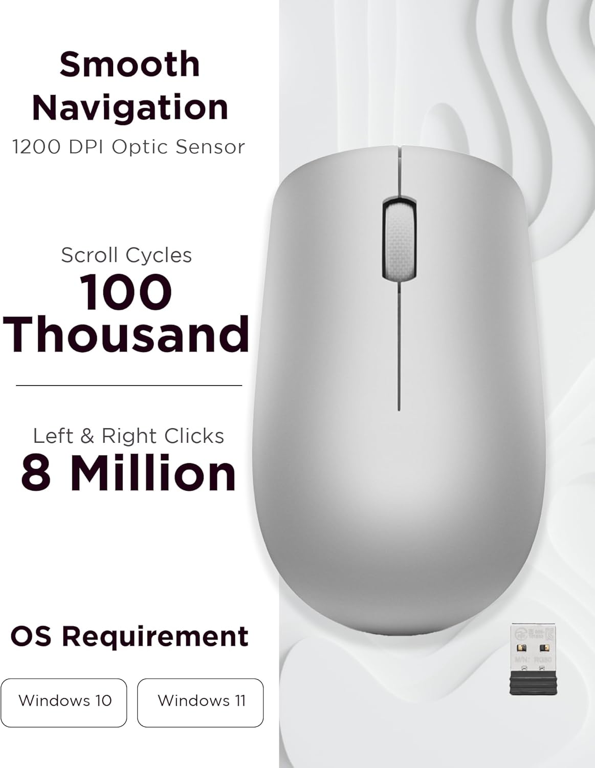 Lenovo 530 Full Size Wireless Computer Mouse for PC, Laptop, Computer with Windows - 2.4 GHz Nano USB Receiver - Ambidextrous Design - 12 Months Battery Life - Platinum Grey