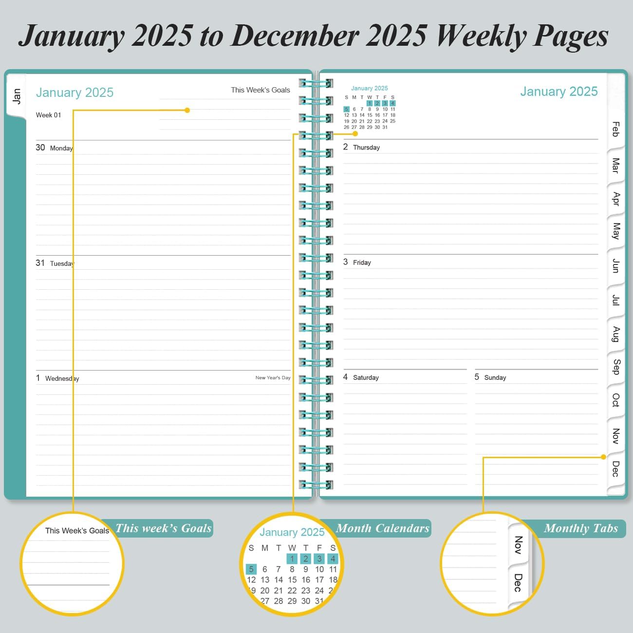 2025-2026 Planner - Academic Planner 2025-2026 from July 2025 - June 2026, Weekly & Monthly Planners Spiral Bound with 12 Monthly Tabs, Inner Pocket, 6.4" x 8.5", Teal