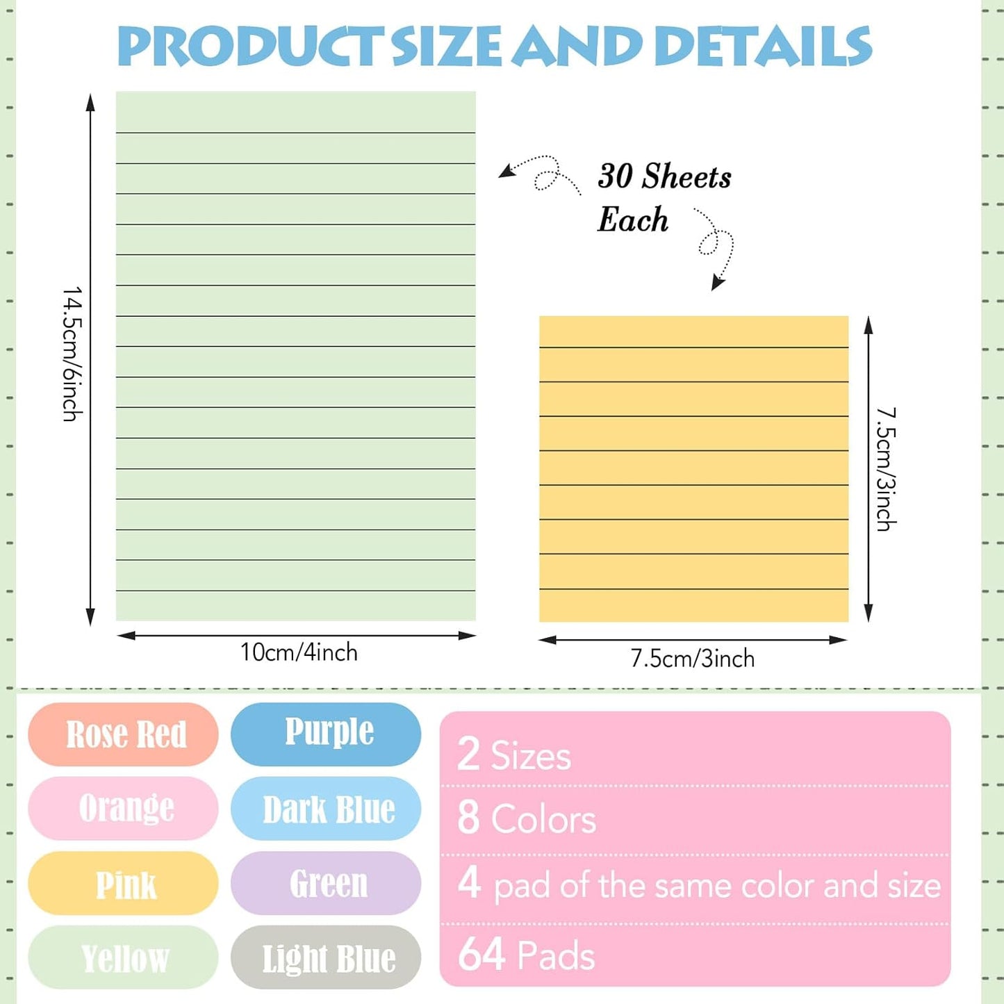 Yexiya 64 Pcs Lined Sticky Notes Self Stick Notes with Lines Bright Assorted Colors Sticky Pad for Home Office Products Post Memos, 1920 Sheets(4 x 6 Inch, 3 x 3 Inch,Fresh Color)