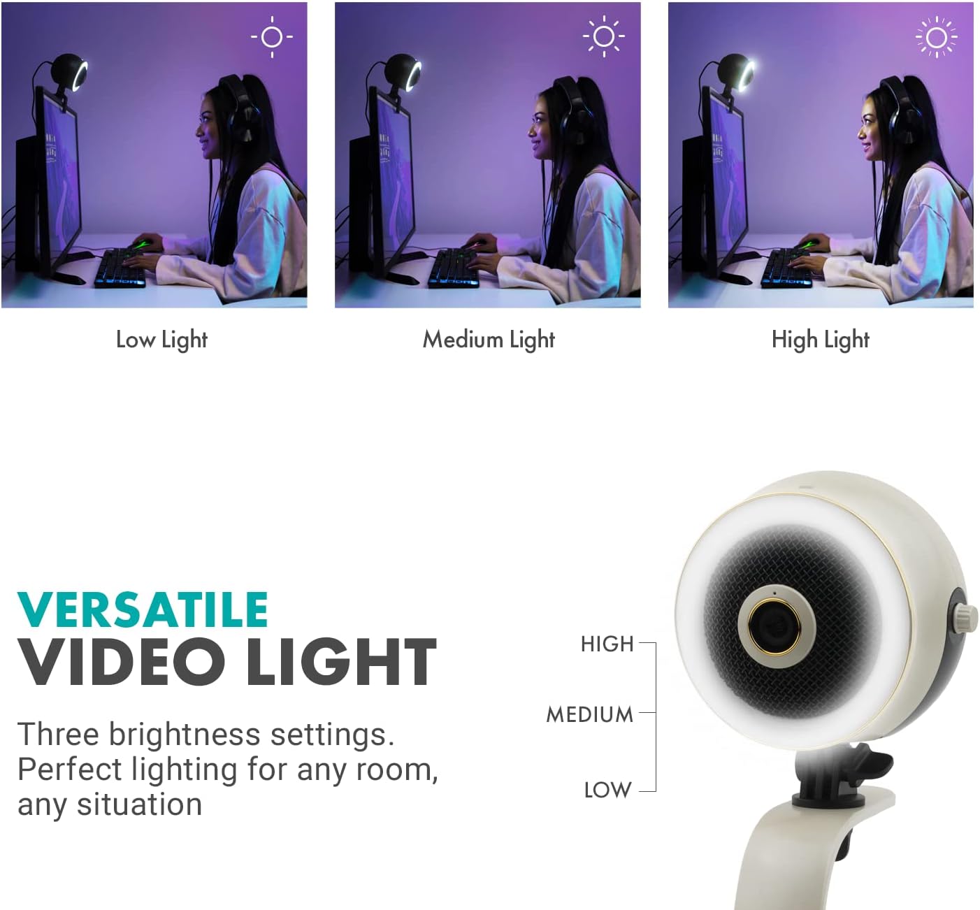 Movo WebMic HD Pro All-in-One Webcam with Mic and Ring Light in Pearl White- 1080p HD Camera, Pro Cardioid Condenser Microphone, LED Ring Light -HD Webcam For Streaming, Video Calls, Recording, Gaming