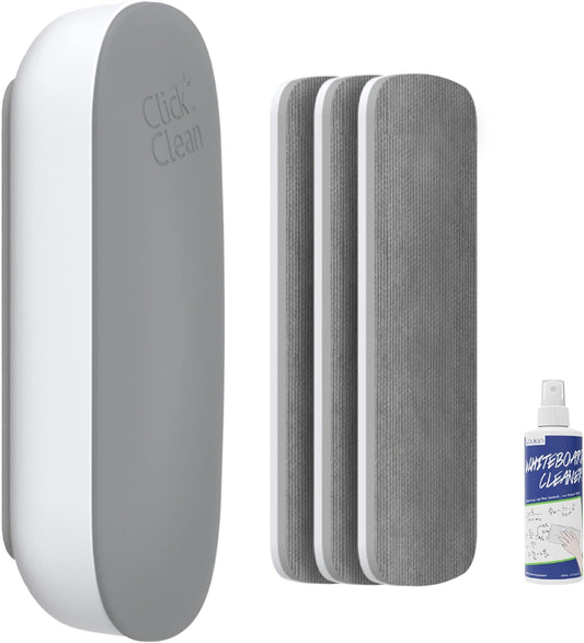 CLICK CLEAN Replaceable Dry Erase Board Eraser, 4-in-1 Magnetic Whiteboard Eraser with 3 Replaceable Felt Pads, Free 3.4oz Whiteboard Cleaner Included, Intended for Classroom, Home and Office