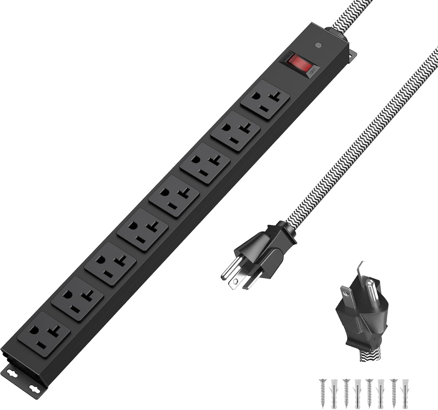 20 Amp Power Strip Heavy Duty, 12 Gauge Extension Cord for Appliance Workbench Garage Industrial, Metal 8 Outlets Combine with T-Plug Adapter 5-20R T-Slot, 1200J Surge Protector