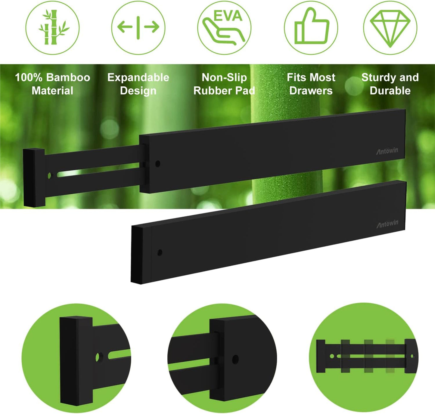 ANTOWIN 10pack Bamboo Drawer Dividers, Expandable Drawer Separators Splitter, 17-22 inches Adjustable Spring-loaded Organizer for Large Utensil, Clothes, Tools Drawers(Black)