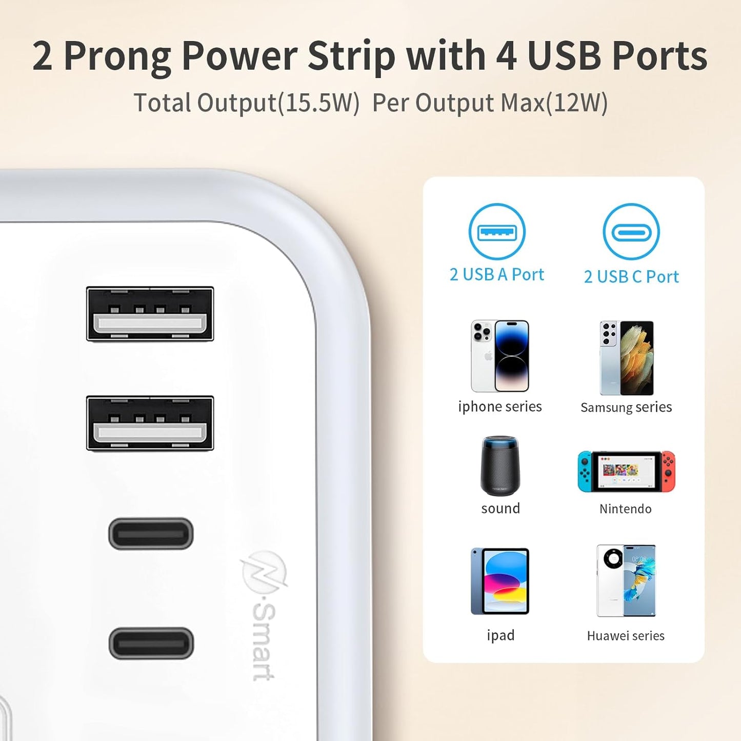 NTONPOWER Extension Cord 15 FT, 1875W Two Prong to Three Prong Outlet Adapter, 1080 Joules Surge Protector Power Strip, Rotating Plug 2 Prong Extension Cord with 4 USB Ports(2 USB C), for Old House