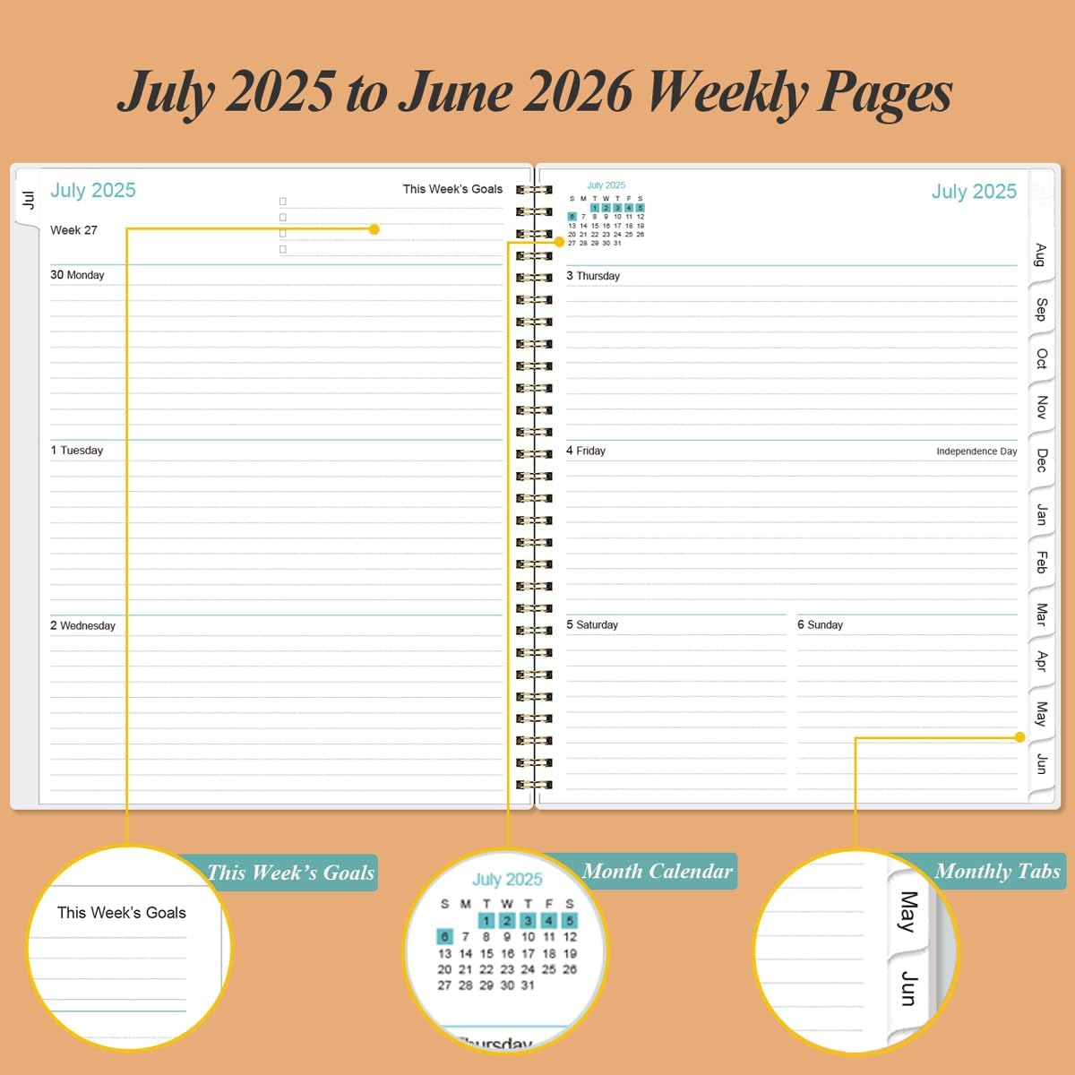 2025-2026 Planner - Academic Planner 2025-2026 from July 2025 to June 2026 with 12 Monthly Tabs, Flexible Cover, Inner Pocket, 8.5" x 11", Rose Flowers