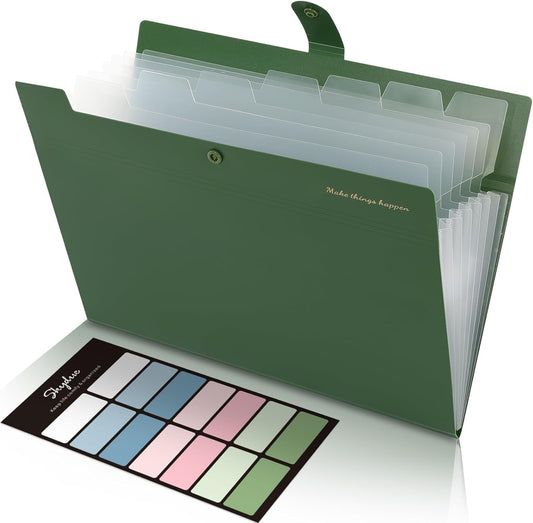 SKYDUE Expanding File Folders with 8 Pockets, Accordion File Organizer with Labels, Portable Paper Bill Receipt Organizer, Letter Size, Home School Office Supplies, Olive Green