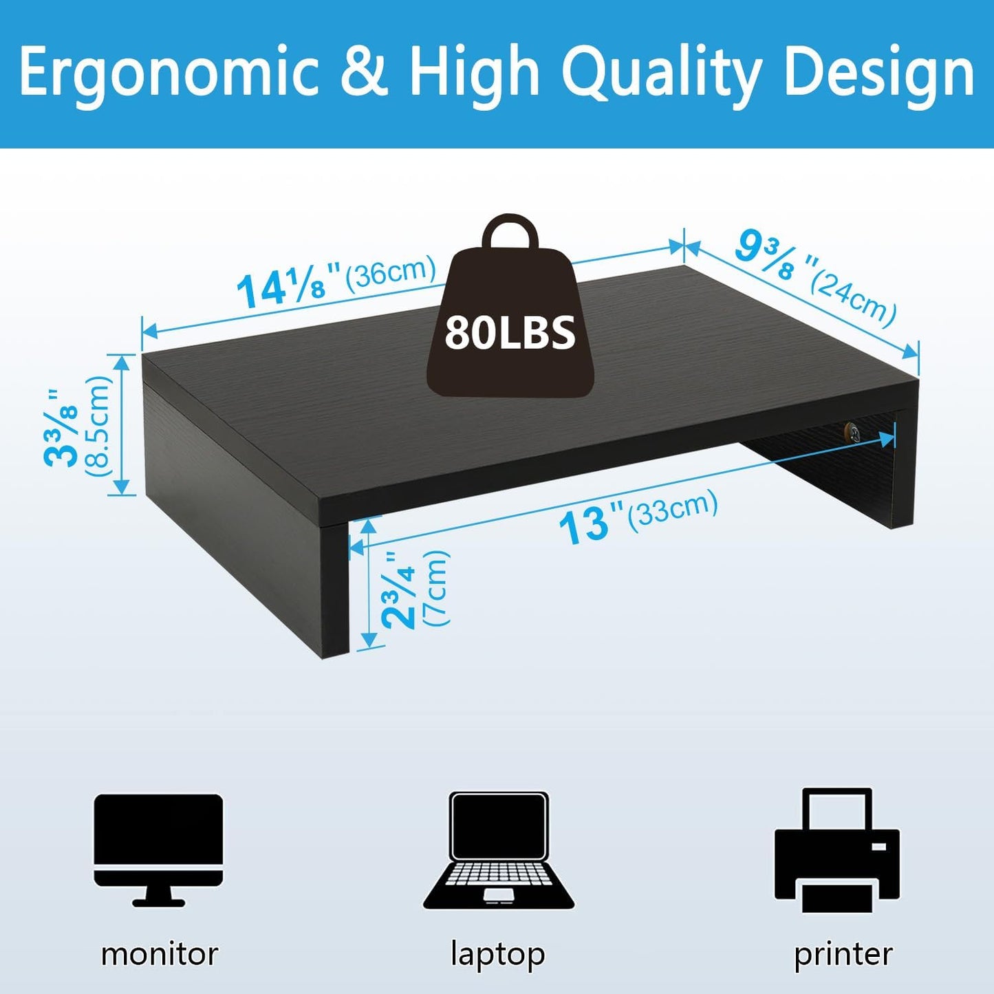 TEAMIX 14.2 inch Monitor Stand Riser, Wood Monitor Riser with Storage for Desk Small Monitor Stand TV/Screen/PC/Laptop Riser Computer Stand Desktop Shelf (Black-14.2 inch)