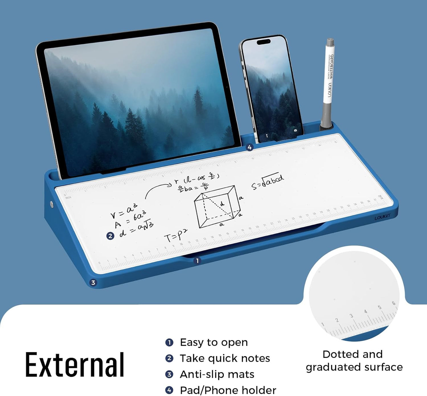 LOUKIN Glass Desktop Whiteboard, 15.3" x 5.6" Dry Erase Desk Board with Dotted and Graduated Surface, Desktop Buddy, Great for Design and Drawing, 3 Markers and 1 Dry Erase Eraser Included (Blue)