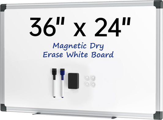 Dry Erase Board, 36 × 24 inches, Magnetic White Board for Wall, Silver Aluminium Frame, White Board Dry Erase for Kids, Students, Office, Kitchen- Includes Markers, Magnets & Eraser