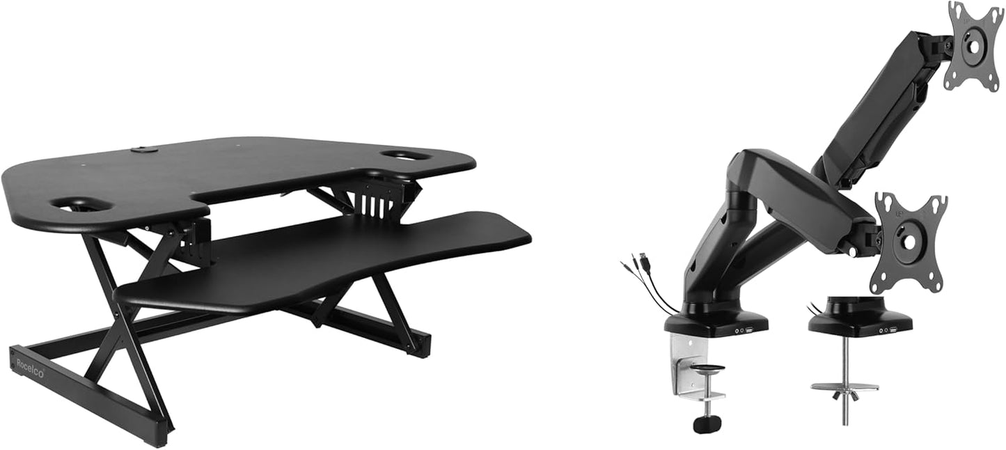 Rocelco 46" Height Adjustable Corner Standing Desk Converter with AC Outlet USB Charger and Dual Monitor Arm Mount - Stand Up Tabletop Riser Workstation - Keyboard Tray - Black (R CADRB-46-ACUSB-MA2)
