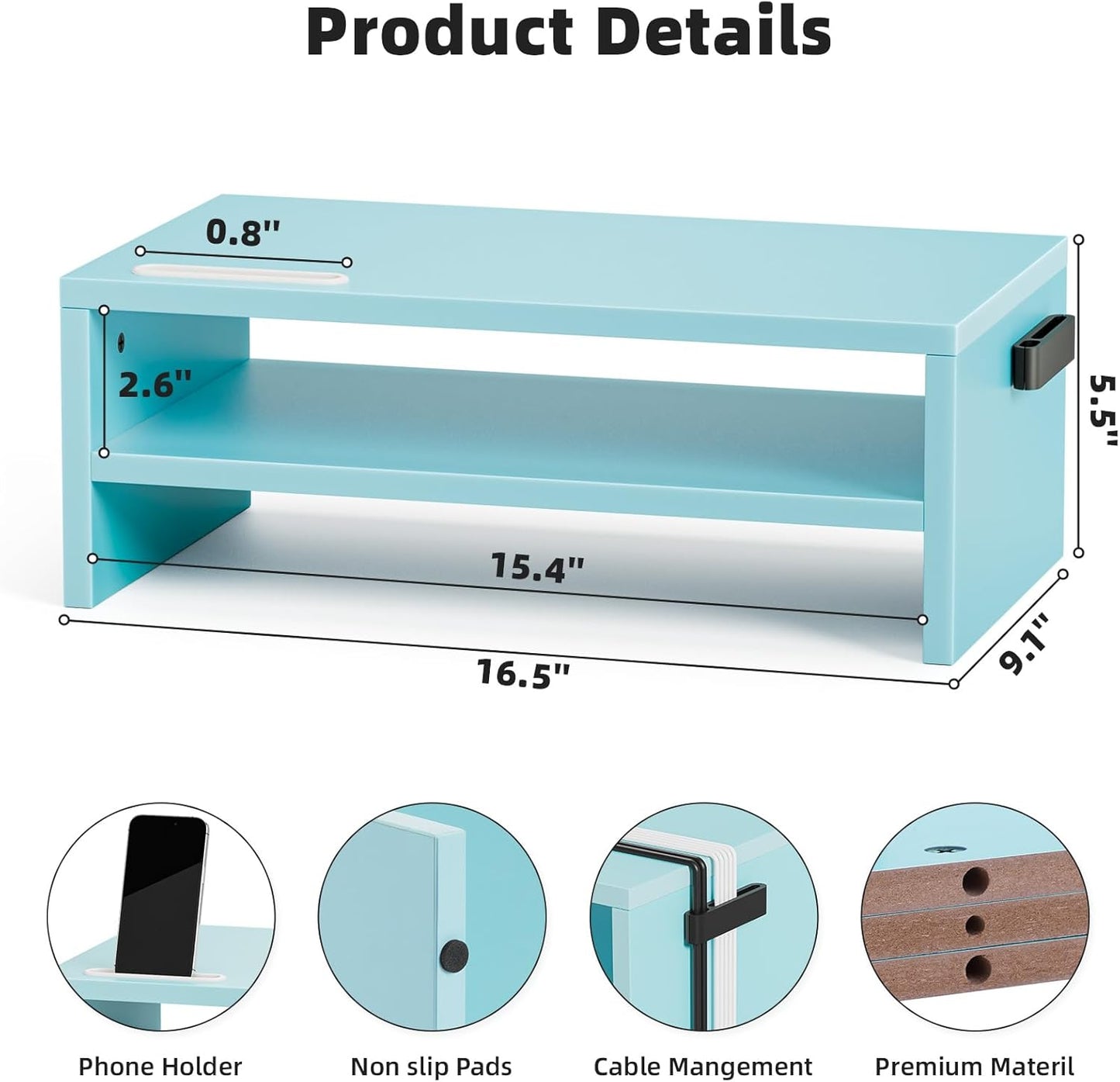 Marbrasse Monitor Stand Riser, 16.5 Inch 2 Tier Computer Printer Shelf Stand for Laptop Computer Screen Storage, Desktop Stand with Phone Holder and Cable Management (Blue)
