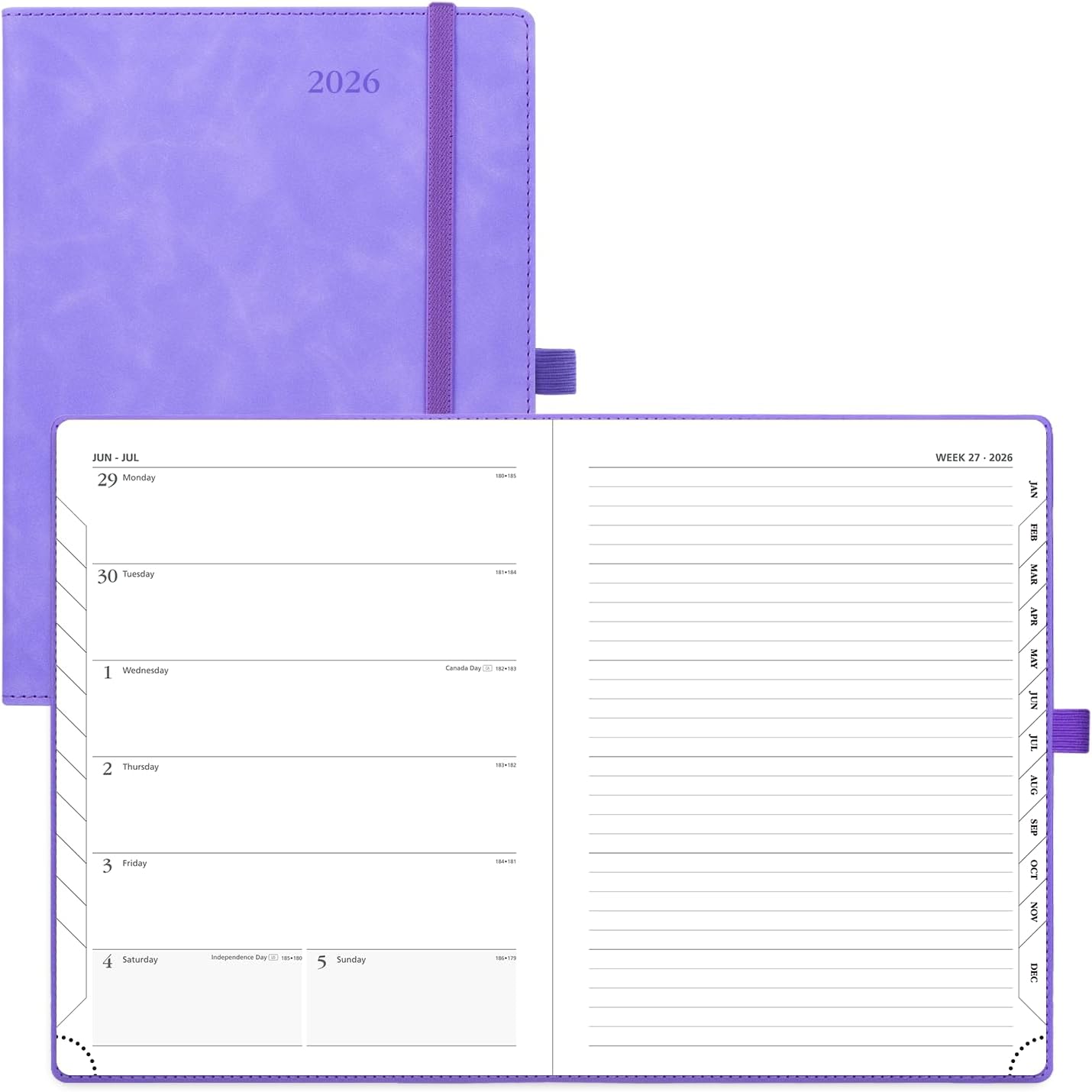 POPRUN Weekly Planner 2026 (Medium 6.5" x 8.5") Calendar 12 Months Notebook with Horizontal Layout, Leather Soft Cover, Monthly Tabs, Inner Pocket, 100GSM Thick Paper, Pen Holder - Lilac