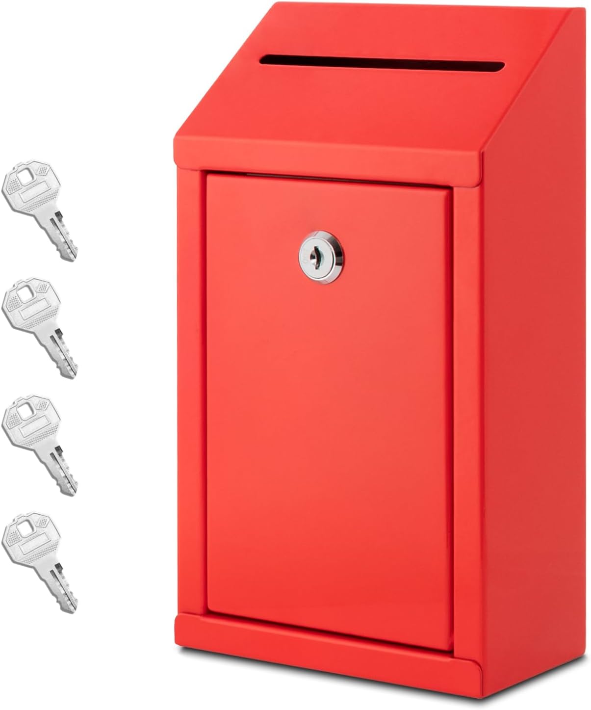 Metal Donation Box with Lock, Wall Mounted, Suggestion Box with 4 Iron Keys, Red, Cash Drop Box with Slot, 1-Pack