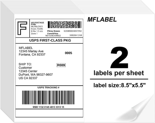 MFLABEL Half Sheet Shipping Labels 8.5x11 Inch - No Cut Needed! Self-Adhesive 8.5"x5.5" Labels for Laser/Inkjet (2000 Sheets = 4000 Labels) + Free 192 Fragile Stickers - FBA, UPS, FedEx