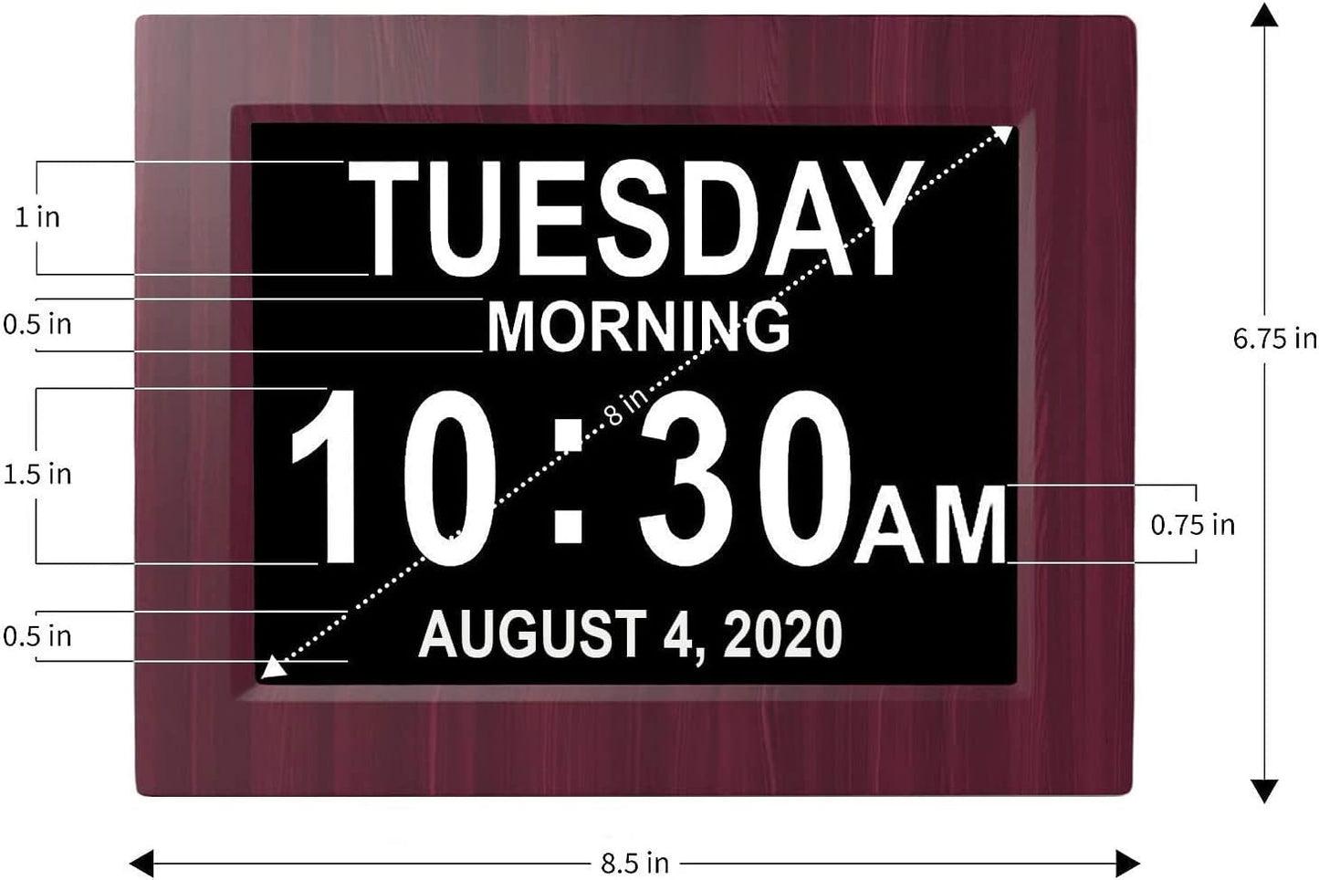 American Lifetime, Upgraded Version, Day Clock Extra Large Impaired Vision Digital Clock with Battery Backup and 5 Alarm Options, Premium Mahogany Color, 8 inch