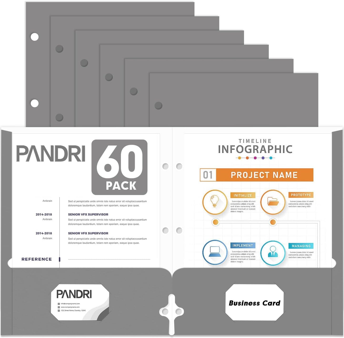 Two Pocket Portfolio Folders, PANDRI 60 Pack 3 Hole Punched 2 Pocket Folders for 3 Ring Binder, Letter Size Paper File Folder for School Office Home Business, Grey