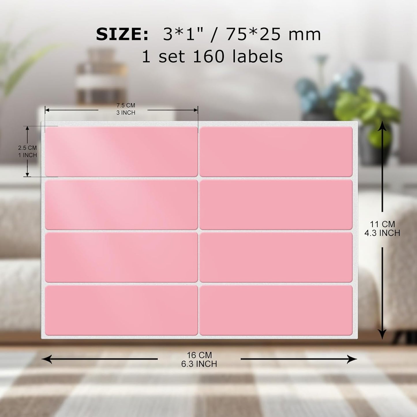 Rectangle Label Stickers 3×1 Inch Vinyl Removable Pink Sticker Waterproof Writable File Folder Moving Labels for Boxes Home Office Labeling 160 PCS