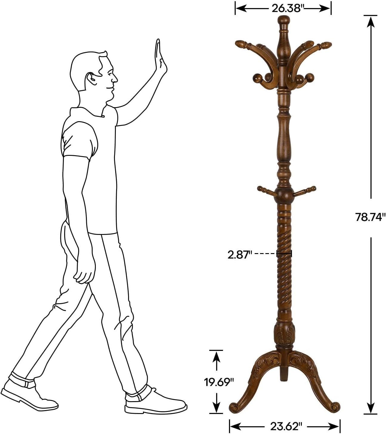 Coat Rack Freestanding Tree Stand with 8 Hooks, 79'' Heavy Duty Premium Ash Wood Hanger Stand, Floor Standing Clothes Hat for Entryway, Corner,Hallway,Bedroom, Office,Brown-Style 2