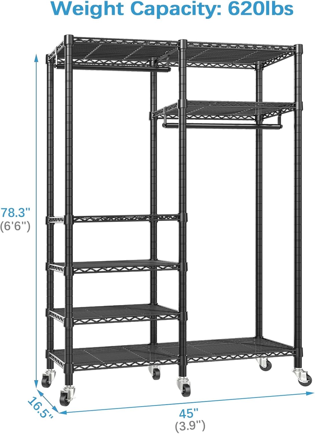 VIPEK R4 Garment Racks Heavy Duty Clothes Rack -620lb Capacity Metal Frame, Rolling Lockable Wheels & 6 Tiers Adjustable Height Shelves & Hanger Rods, Sturdy Wardrobe Closet for Home Storage, Black