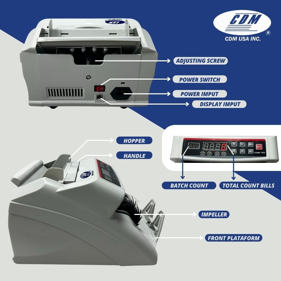 CDM-155 Advanced Money Counter Machine with UV/MG/DD/DBL/HLF/CHN Counterfeit Detection - Add and Batch Modes - Fast and Accurate Cash Counter