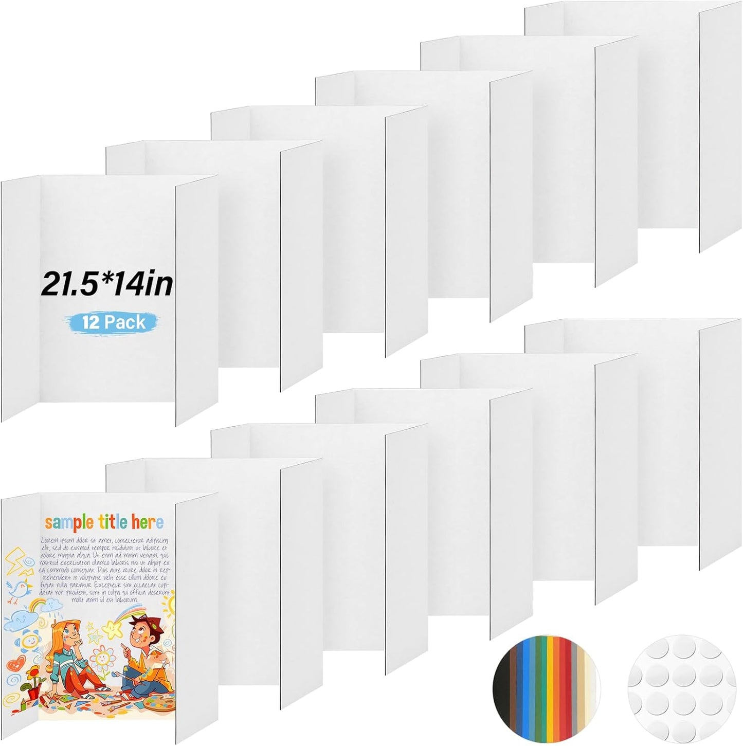 12 Pcs Trifold Poster, 21.5x14 Inches Small White Poster Comes with Sticky Accessories, Corrugated Presentation Display Board for School Projects, Business Presentations