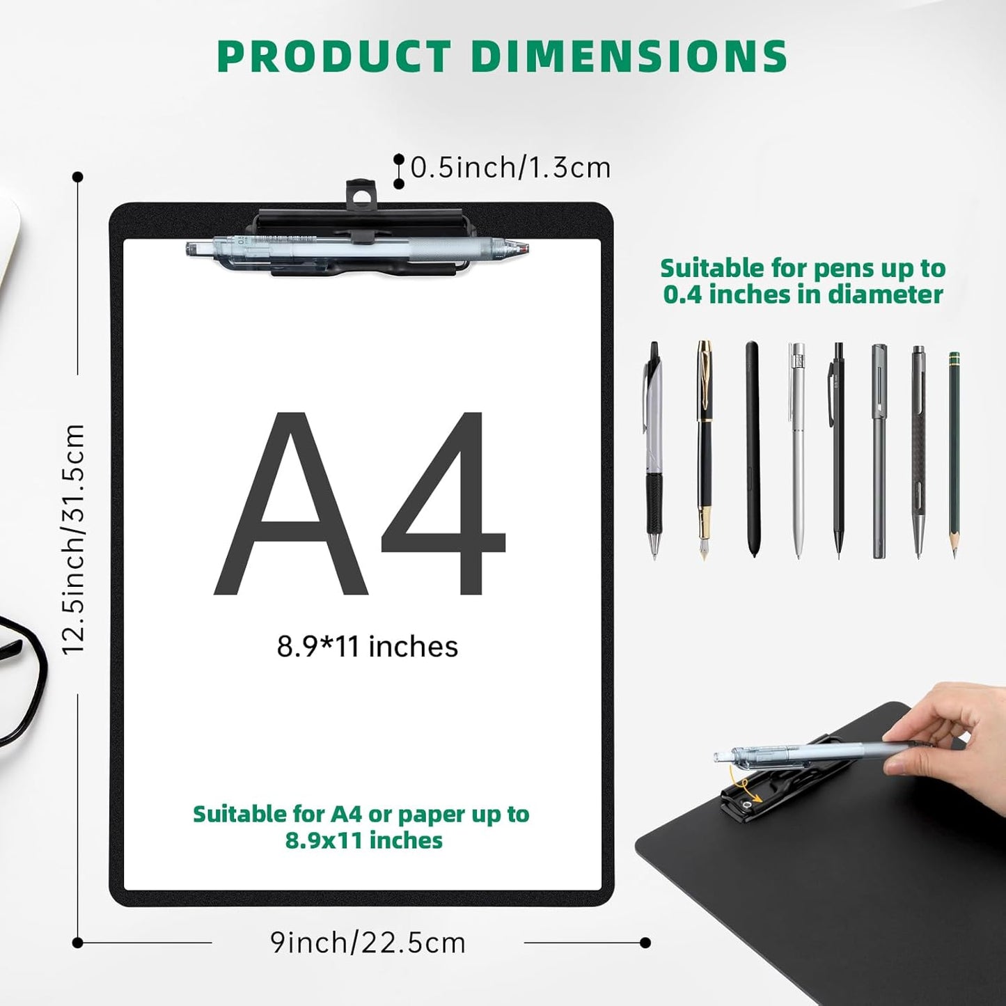 Clipboard with Pen Holder, Plastic Clipboard with Low Profile Metal Clip, Hanging Clipboards Holds 8.5x11 Inch Papers, Standard A4 Letter Size Clip Board for Office & School, Black
