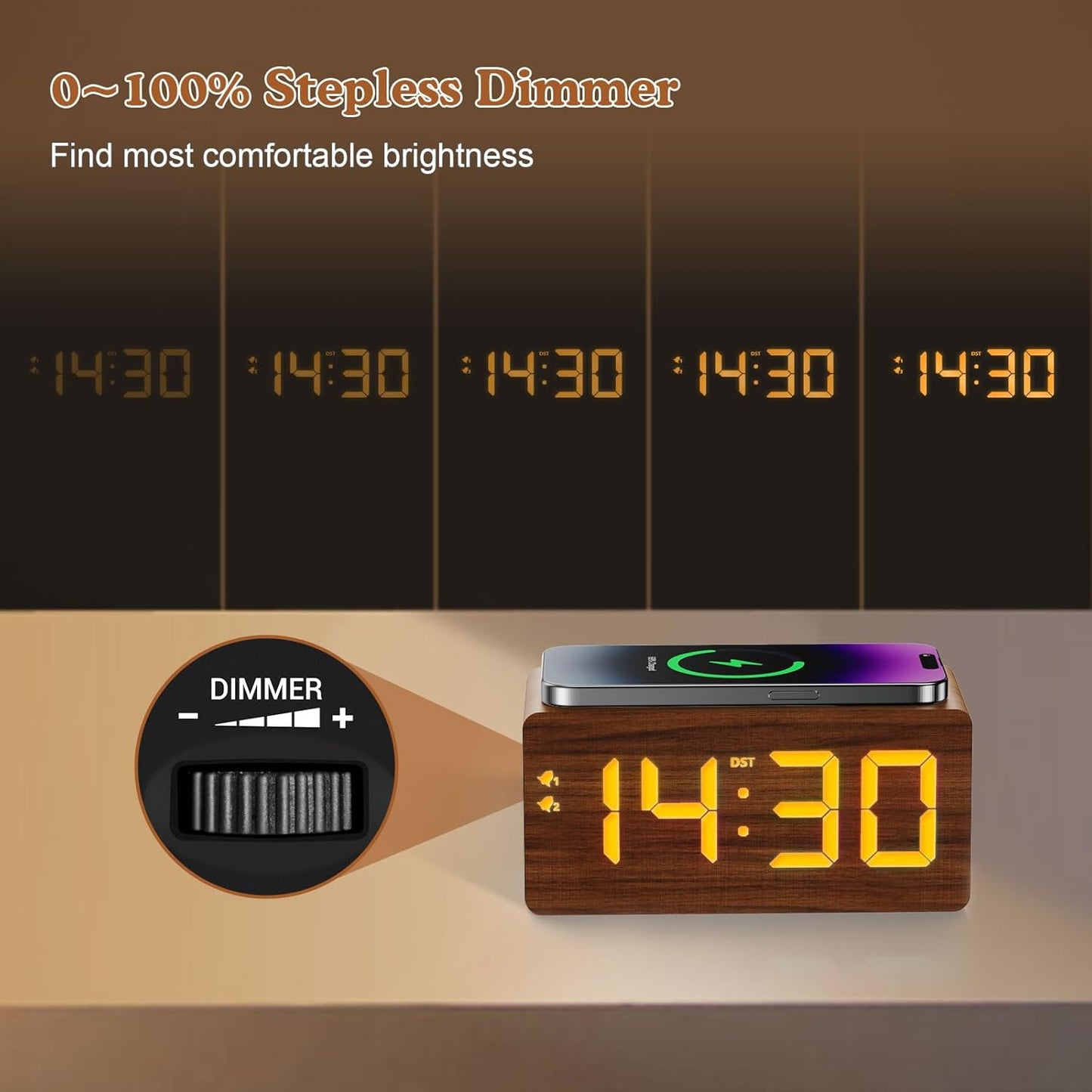 Wood Digital Alarm Clock with 10W Fast Wireless Charger, USB Charging Ports, DST, Dimmable, Snooze, Large Number LED Display for Bedrooms, Desk, Living Room Table, Bedside, Nightstand (Brown)