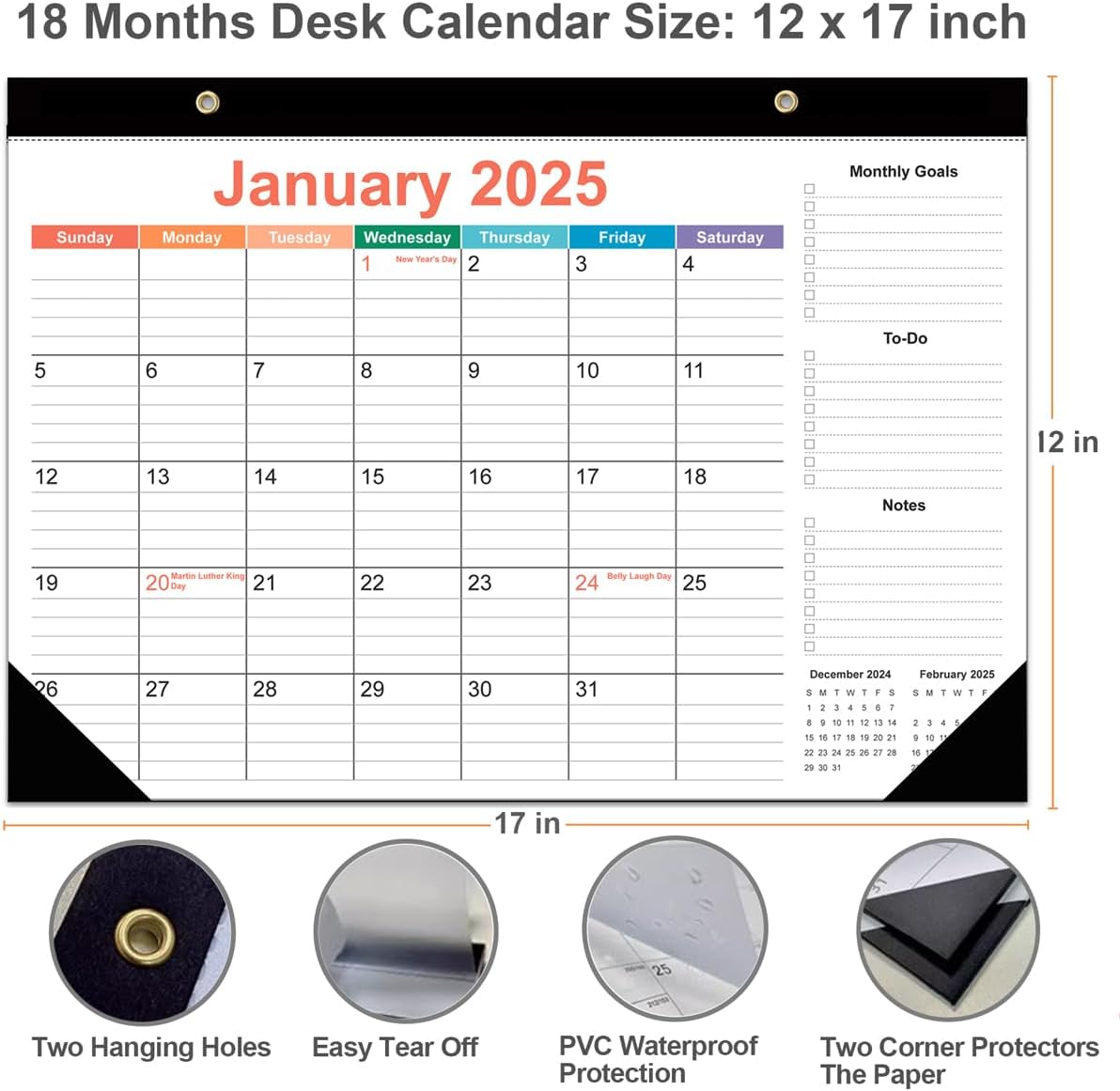 2025-2026 Desk Calendar - 18 Months Calendar from January 2025 to June 2026, Desk Calendar 2025-2026 with Thick Paper, 12" x 17", Colorful