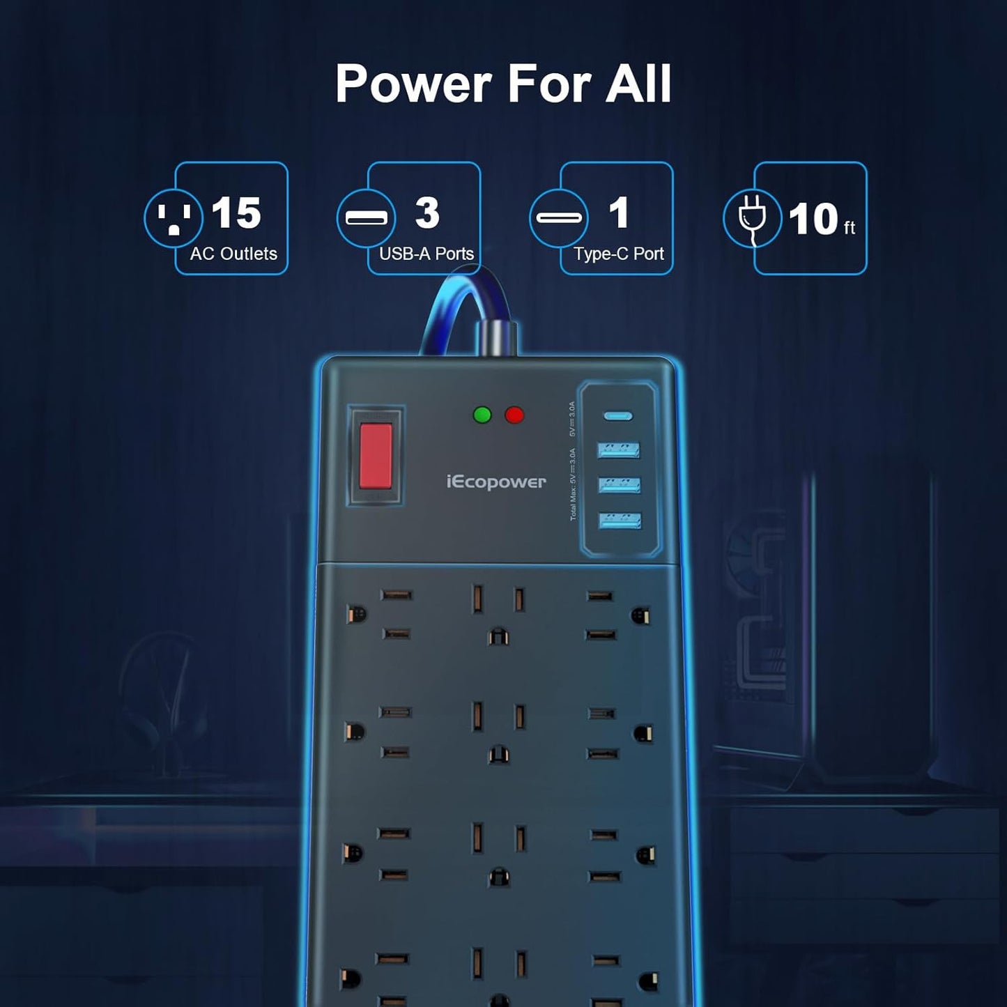 Surge Protector Power Strip 10 ft cord-15 Widely Spaced Outlets and 4 USB Ports(1 USB C Port),14 AWG Extension Cord,1875W/15A Heavy Duty Power Strip Surge Protector 10 ft Cord,2800J,Black