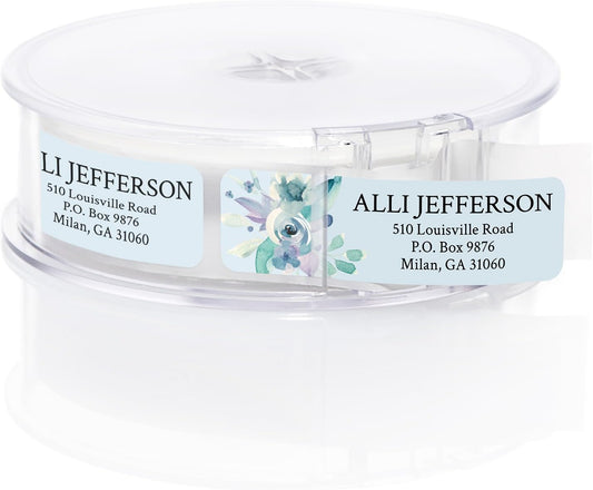 Blue Watercolor Floral Rolled Address Labels / 500 Personalized Return Address Labels/Designer Address Stickers in Elegant Plastic Dispenser